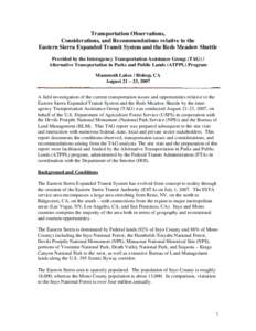 Transportation Observations, Considerations, and Recommendations relative to the Eastern Sierra Expanded Transit System and the Reds Meadow Shuttle Provided by the Interagency Transportation Assistance Group (TAG) / Alte