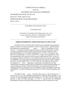 UNITED STATES OF AMERICA before the SECURITIES AND EXCHANGE COMMISSION SECURITIES EXCHANGE ACT OF 1934 Release NoApril 28, 2015 WHISTLEBLOWER AWARD PROCEEDING