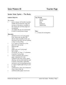 Solar Matters III  Teacher Page Junior Solar Sprint – The Body Student Objective