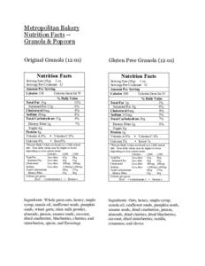 Metropolitan Bakery Nutrition Facts -Granola & Popcorn Original Granola (12 0z) Nutrition Facts  Gluten Free Granola (12 oz)