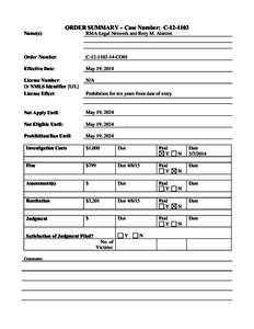 Name(s):  ORDER SUMMARY – Case Number: C[removed]RMA Legal Network and Rory M. Alarcon  Order Number: