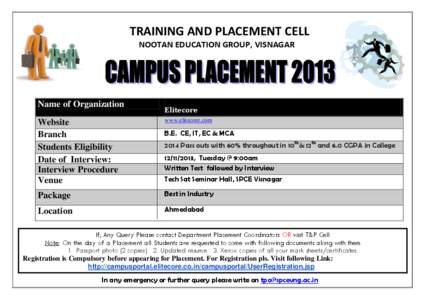 TRAINING AND PLACEMENT CELL NOOTAN EDUCATION GROUP, VISNAGAR Name of Organization  Elitecore