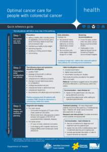 Optimal cancer care for people with colorectal cancer Quick reference guide Support: Assess supportive care needs at every step of the pathway and refer to appropriate health professionals or organisations.