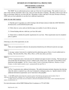 DIVISION OF ENVIRONMENTAL PROTECTION OPEN BURNING GUIDANCE FOR AGRICULTURE The NDEP 1 has an authorization process made up of four tiers for open burning. The number of acres you plan to burn each day determines what, if