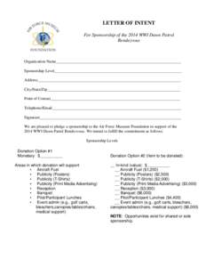 LETTER OF INTENT For Sponsorship of the 2014 WWI Dawn Patrol Rendezvous Organization Name______________________________________________________________ Sponsorship Level___________________________________________________