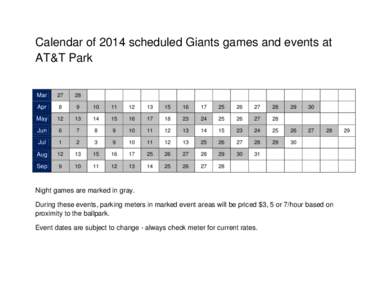 Calendar of 2014 scheduled Giants games and events at AT&T Park Mar 27