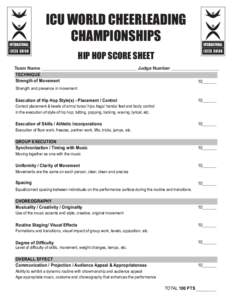 ICU WORLD CHEERLEADING CHAMPIONSHIPS HIP HOP SCORE SHEET ICU HIP HOP SCORE SHEET Team Name __________________________________________ Judge Number _____________________ TECHNIQUE