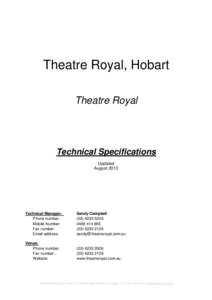 Theatre Royal, Hobart Theatre Royal Technical Specifications Updated August 2013