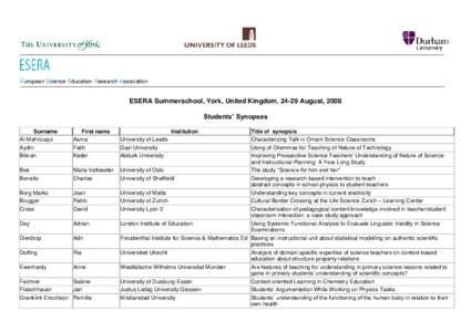 European Science Education Research Association  ESERA Summerschool, York, United Kingdom, 24-29 August, 2008 Students’ Synopses Surname Al-Mahrouqui