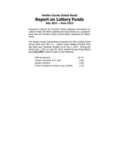 Hardee County School Board  Report on Lottery Funds July 2011 – JunePursuant to Sectionf), Florida Statutes, this Report on
