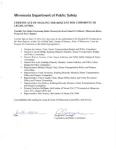 ,.  Minnesota Department of Public Safety CERTIFICATE OF MAILING THE REQUEST FOR COMMENTS TO LEGISLATORS. Possible New Rules Governing Rules Motorcycle Road Guard Certificate, Minnesota Rules,