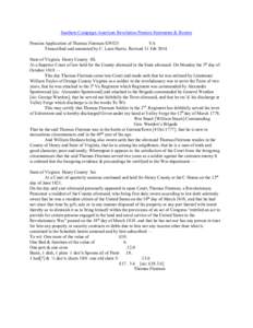 Southern Campaign American Revolution Pension Statements & Rosters Pension Application of Thomas Fleeman S39525 VA Transcribed and annotated by C. Leon Harris. Revised 11 Feb[removed]State of Virginia Henry County SS. At a