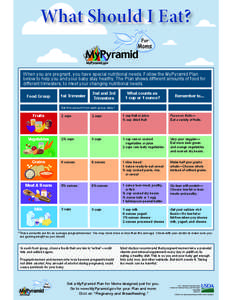 What Should I Eat? When you are pregnant, you have special nutritional needs. Follow the MyPyramid Plan below to help you and your baby stay healthy. The Plan shows different amounts of food for different trimesters, to 