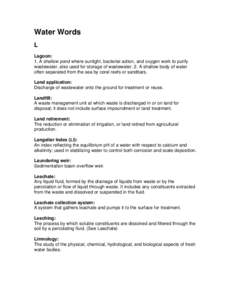 Water Words L Lagoon: 1. A shallow pond where sunlight, bacterial action, and oxygen work to purify wastewater, also used for storage of wastewater. 2. A shallow body of water often separated from the sea by coral reefs 