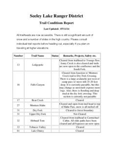 Seeley Lake Ranger District Trail Conditions Report Last Updated: All trailheads are now accessible. There is still a significant amount of snow and a number of slides in the high country. Please consult individ