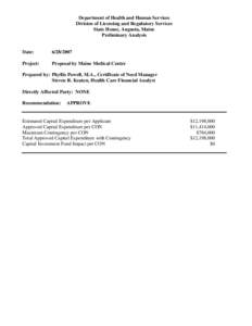 Department of Health and Human Services Division of Licensing and Regulatory Services State House, Augusta, Maine Preliminary Analysis  Date: