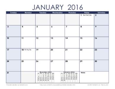Printable 2016 Monthly Calendar with Holidays