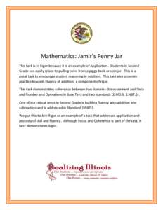 Mathematics: Jamir’s Penny Jar This task is in Rigor because it is an example of Application. Students in Second Grade can easily relate to pulling coins from a piggy bank or coin jar. This is a great task to encourage