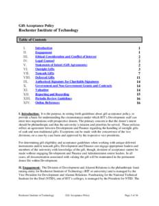 Gift Acceptance Policy  Rochester Institute of Technology Table of Contents I. II.