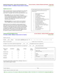 Eligibility Requirements • Teacher Recommendation Form The Center for Gifted  The Midwest Torrance Center for Creativity Summer Wonders • Worlds of Wisdom and Wonder  Project 2015 Summer 2015