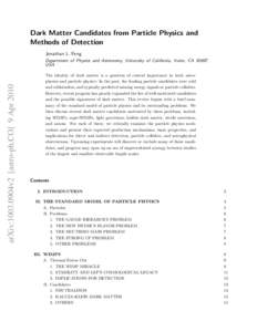 Dark Matter Candidates from Particle Physics and Methods of Detection Jonathan L. Feng arXiv:1003.0904v2 [astro-ph.CO] 9 Apr 2010