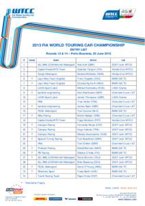 2013 FIA WORLD TOURING CAR CHAMPIONSHIP ENTRY LIST Rounds 13 & 14 – Porto Boavista, 30 June 2013