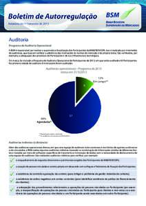 Relatório do 1º Trimestre deAuditoria Programa de Auditoria Operacional A BSM é responsável por realizar a supervisão e fiscalização dos Participantes da BM&FBOVESPA. Isso é realizado por intermédio de au