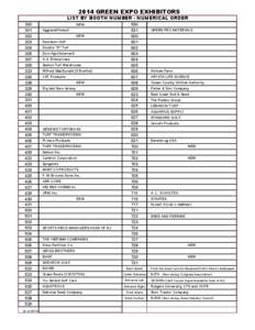 2014 GREEN EXPO EXHIBITORS  LIST BY BOOTH NUMBER - NUMERICAL ORDER