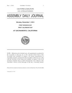 Assembly Daily Journal, December 1, 2014