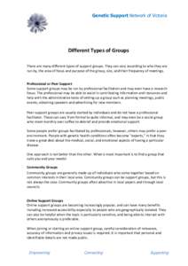 Genetic Support Network of Victoria  Different Types of Groups There are many different types of support groups. They can vary according to who they are run by, the area of focus and purpose of the group, size, and their