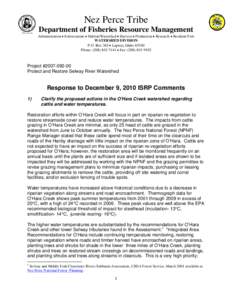 Nez Perce Tribe Department of Fisheries Resource Management Administration • Enforcement • Habitat/Watershed • Harvest • Production • Research • Resident Fish WATERSHED DIVISION P.O. Box 365 • Lapwai, Idaho