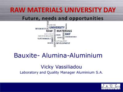 RAW MATERIALS UNIVERSITY DAY Future, needs and opportunities Bauxite- Alumina-Aluminium Vicky Vassiliadou Laboratory and Quality Manager Aluminium S.A.