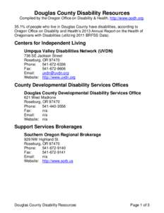 Douglas County Disability Resources Compiled by the Oregon Office on Disability & Health, http://www.oodh.org. 35.1% of people who live in Douglas County have disabilities, according to Oregon Office on Disability and He
