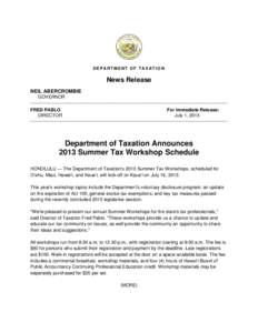 DEPARTM ENT OF TAX AT ION  News Release NEIL ABERCROMBIE GOVERNOR _________________________________________________________________________________________________________