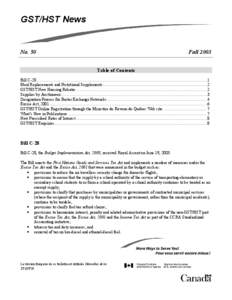 GST/HST News  No. 50 Fall 2003 Table of Contents