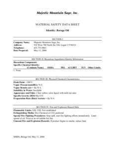 Majestic Mountain Sage, Inc.  MATERIAL SAFETY DATA SHEET Identity: Borage Oil  Company Name: