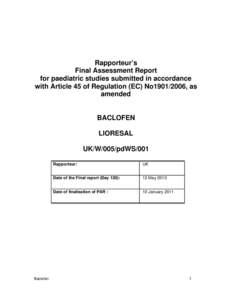 Rapporteur’s Final Assessment Report for paediatric studies submitted in accordance with Article 45 of Regulation (EC) No1901/2006, as amended