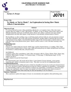 CALIFORNIA STATE SCIENCE FAIR 2014 PROJECT SUMMARY Name(s)  Zachary E. Berger