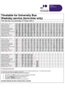 Timetable for University Bus Weekday service (term-time only) This Service runs Monday to Friday ONLY Langstone Campus ( Departs ) Locks way Road (Milton) Goldsmith Avenue (Lidi)