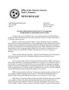 Office of the Attorney General Paul G. Summers NEWS RELEASE FOR IMMEDIATE RELEASE Feb. 10, 2005