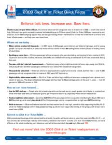 2009 Click It or Ticket Quick Facts Enforce belt laws. Increase use. Save lives. Thanks to you and your fellow officers, the national observed belt usage rate rose to 83 percent in 2008 — an all-time record high. With 