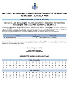 INSTITUTO DE PREVIDÊNCIA DOS SERVIDORES PÚBLICOS DO MUNICÍPIO DE ILHABELA – ILHABELA PREV CONCURSO PÚBLICO - EDITAL Nº C O M U N I C A D O DIVULGAÇÃO DO JULGAMENTO DOS RECURSOS REFERENTES A PUBLICAÇÃO 