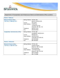 Department of Transportation and Infrastructure District and Administrative Office Locations District 1 Bathurst Bathurst District Office Toll Free # [removed]Mailing Address: PO Box 476