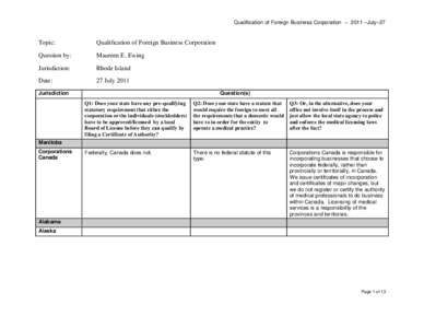 Qualification of Foreign Business Corporation – 2011 –July–27  Topic: Qualification of Foreign Business Corporation