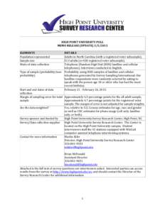 HIGH POINT UNIVERSITY POLL MEMO RELEASE (UPDATE[removed]ELEMENTS Population represented Sample size Mode of data collection