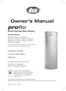 Owner’s Manual Electric Storage Water Heaters Standard Models:  0F118G, 80F124G, 80F136G 8 125S118, 125S136, 160S124, 160S136