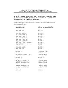 SPECIAL ACTS AMENDED OR REPEALED (January, June and October 2011, sessions of the General Assembly) SPECIAL ACTS AMENDED OR REPEALED DURING THE JANUARY, JUNE AND OCTOBER 2011, REGULAR AND SPECIAL SESSIONS OF THE GENERAL 