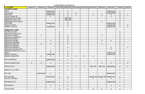 CHRISTMAS HOURS 2014 X = CLOSED CALGARY & AREA Airdrie CBI Sunridge Eaglesmed