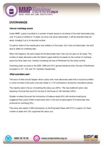 OVERHANGS How an overhang occurs Under MMP, a party is entitled to a number of seats based on its shares of the total nationwide party vote. If a party is entitled to 10 seats, but wins only seven electorates, it will be