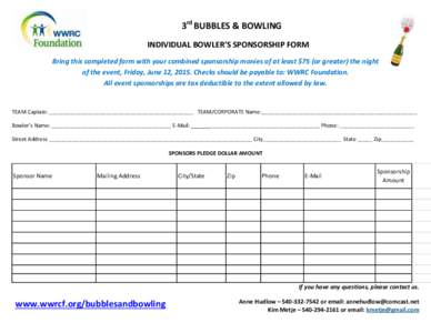 3rd BUBBLES & BOWLING INDIVIDUAL BOWLER’S SPONSORSHIP FORM Bring this completed form with your combined sponsorship monies of at least $75 (or greater) the night of the event, Friday, June 12, 2015. Checks should be pa